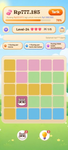 Lucky Cat Sudoku level screen with colorful tile grid and hidden cat